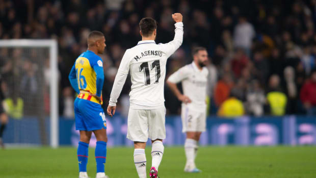 Marco Asensio pictured celebrating after scoring for Real Madrid against Valencia in February 2023
